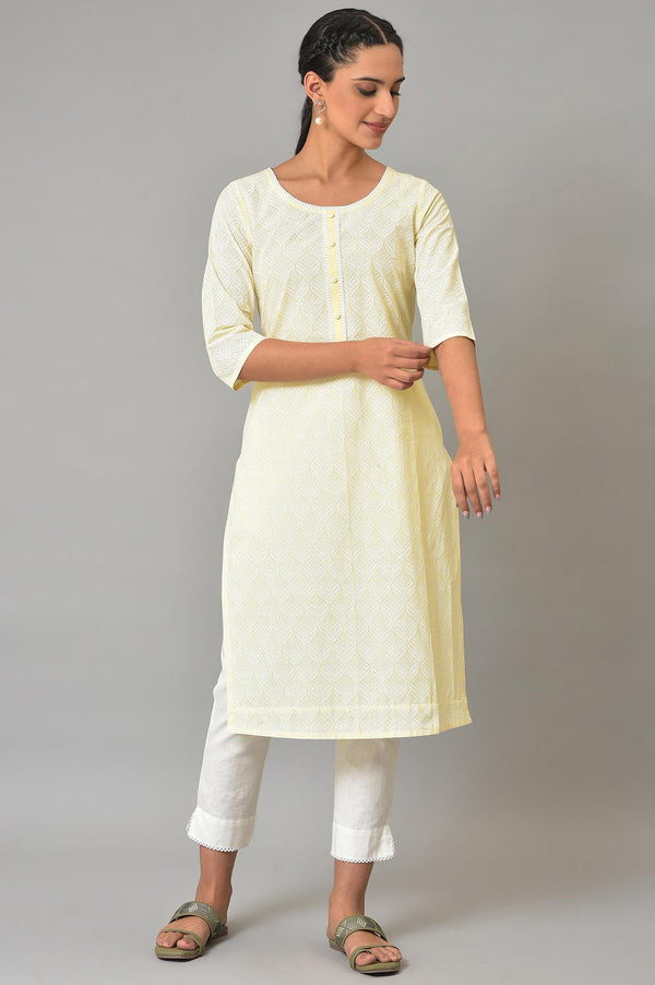 Yellow Printed Motif Embroidered Straight Cotton Kurta