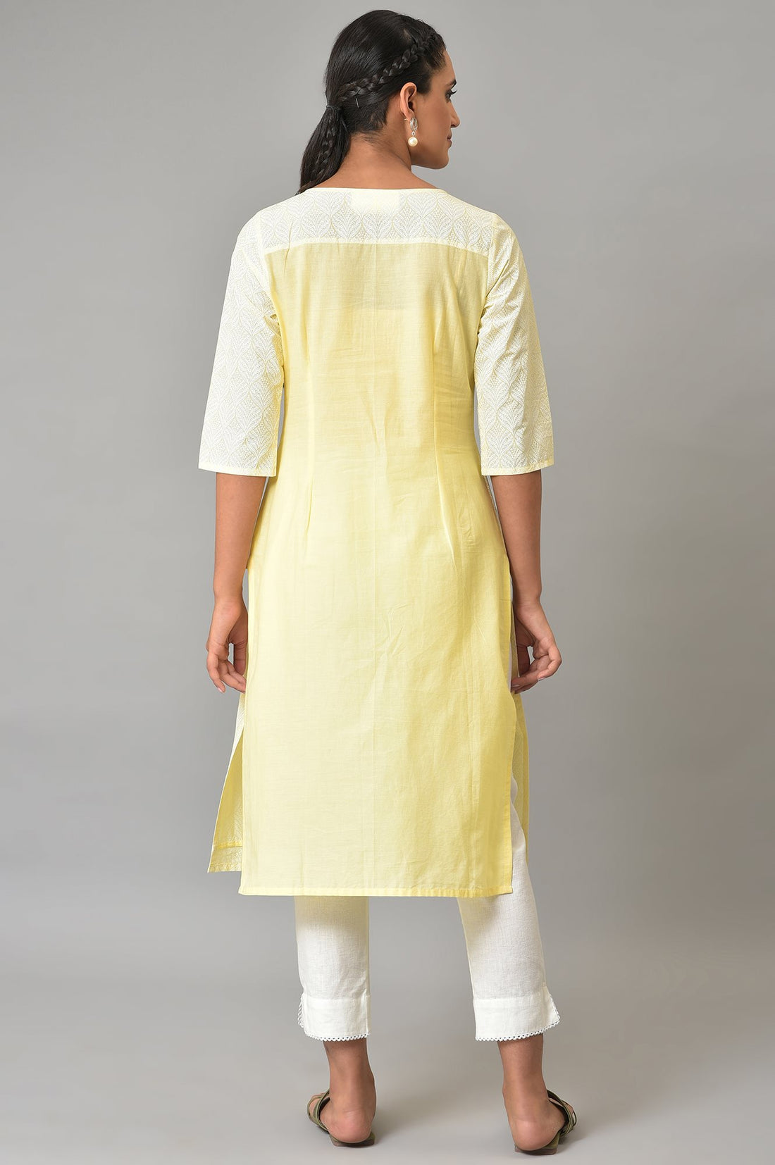 Yellow Printed Motif Embroidered Straight Cotton Kurta