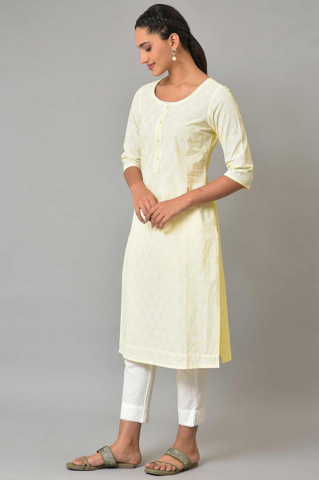 Yellow Printed Motif Embroidered Straight Cotton Kurta