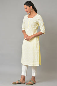 Yellow Printed Motif Embroidered Straight Cotton Kurta