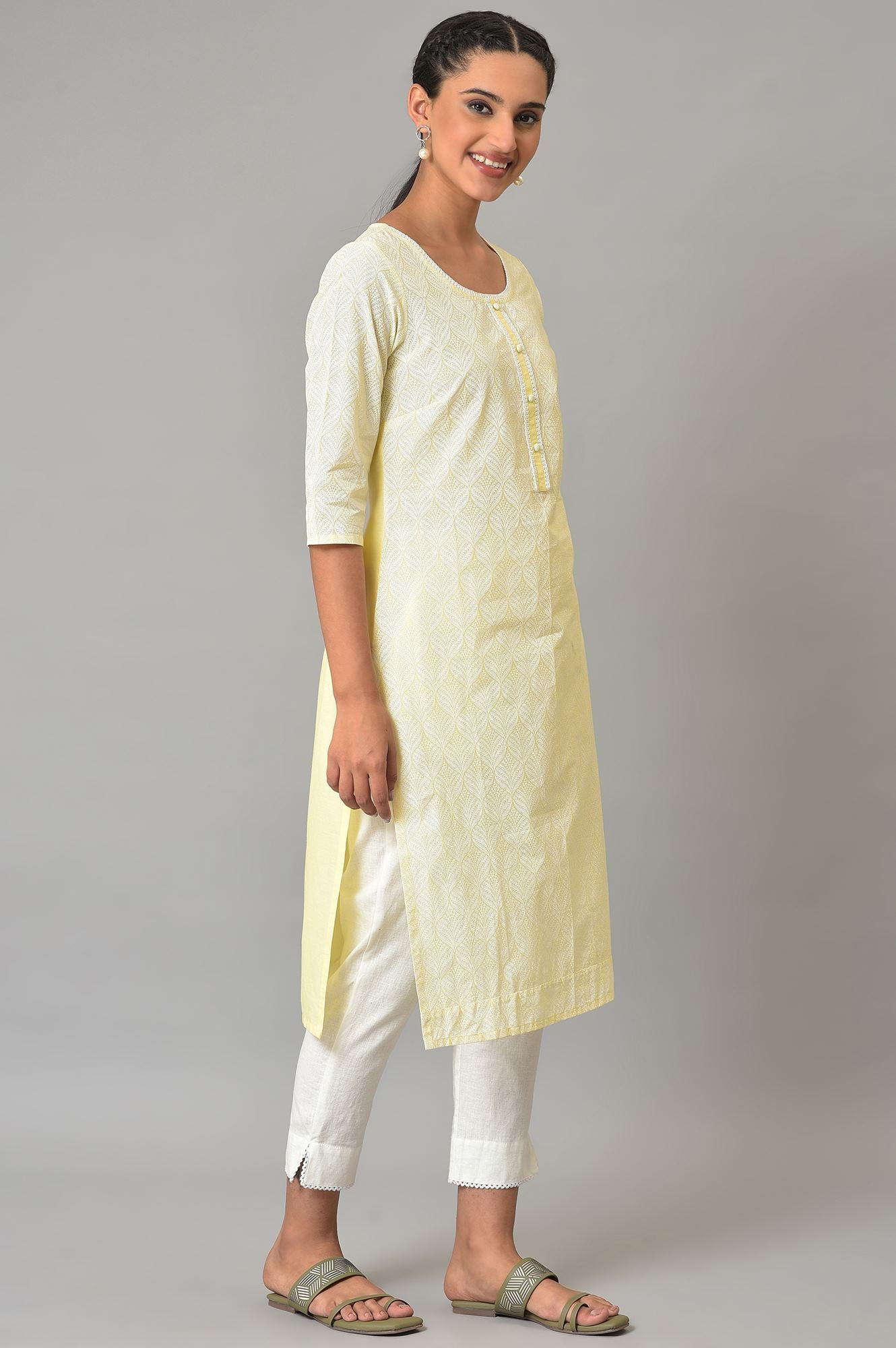 Yellow Printed Motif Embroidered Straight Cotton Kurta