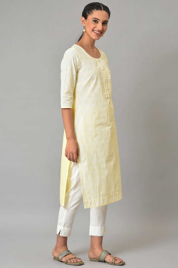 Yellow Printed Motif Embroidered Straight Cotton Kurta