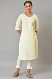 Yellow Printed Motif Embroidered Straight Cotton Kurta