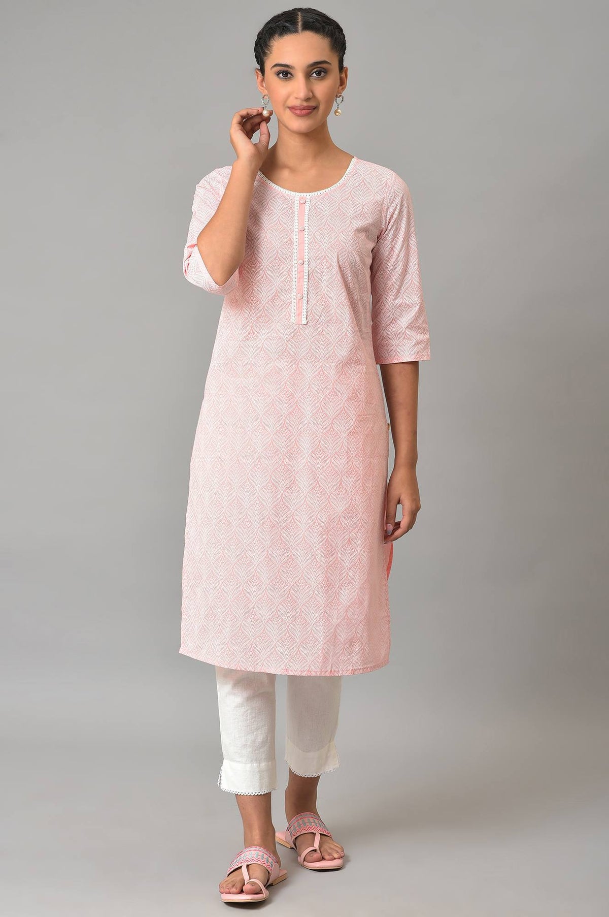 Pink Printed Cotton Kurta - XS