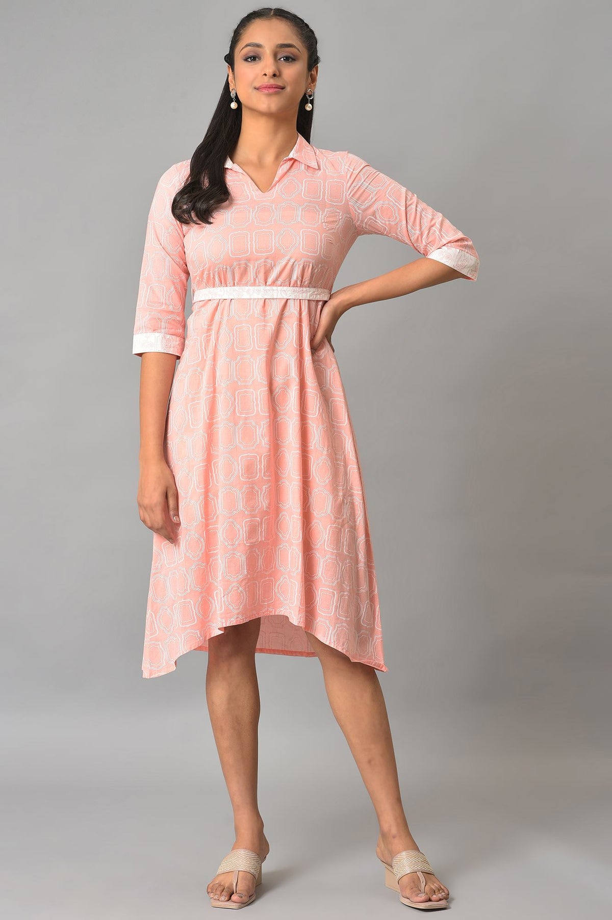 Orange Floral Printed Cotton Dress With Belt - XS
