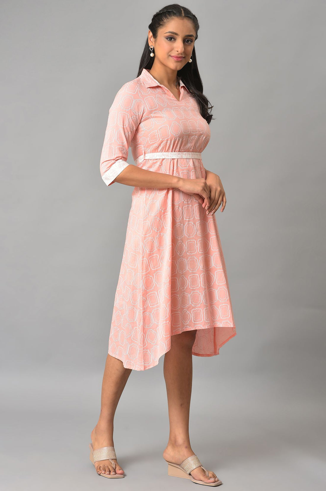 Orange Floral Printed Cotton Dress With Belt