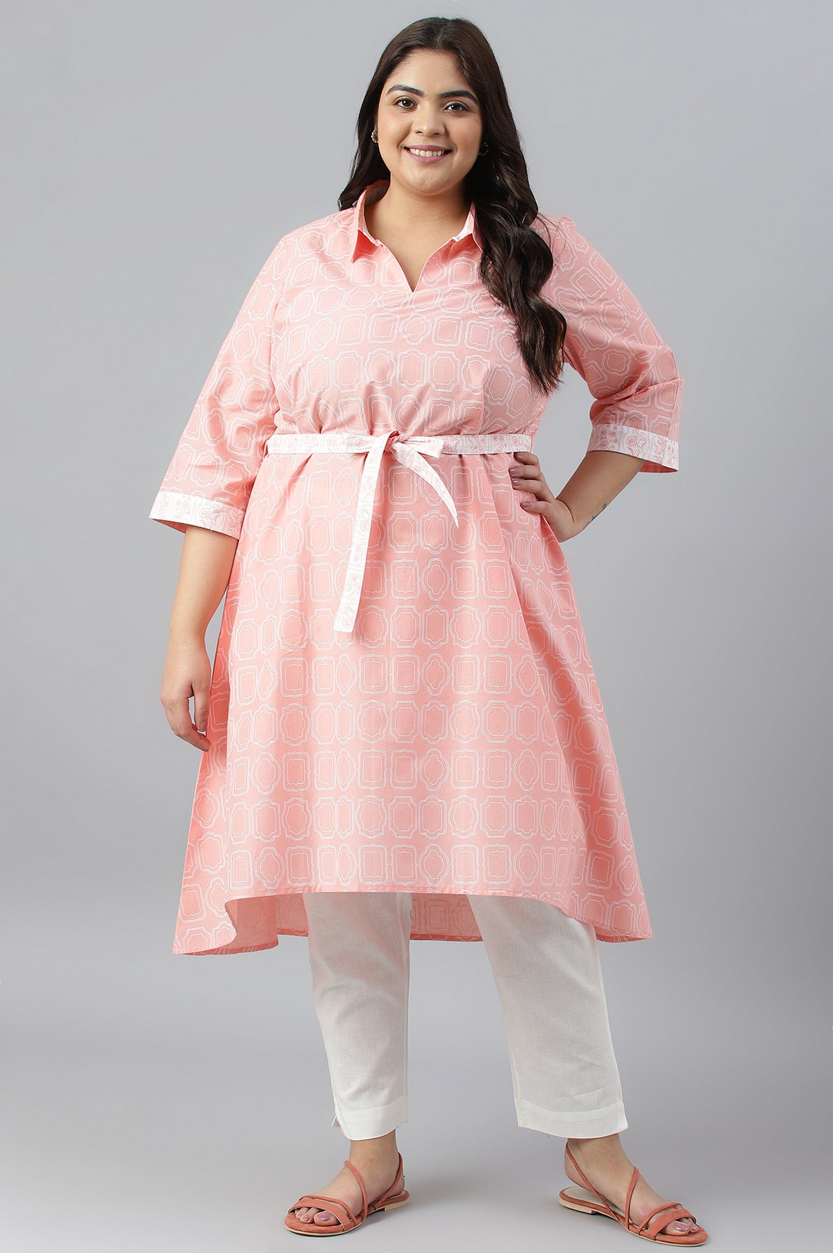 Orange Floral Printed Cotton Plus Size Dress With Belt - 3XL