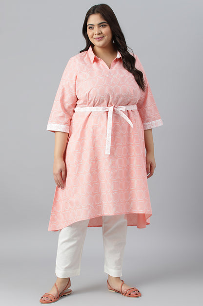 Orange Floral Printed Cotton Plus Size Dress With Belt