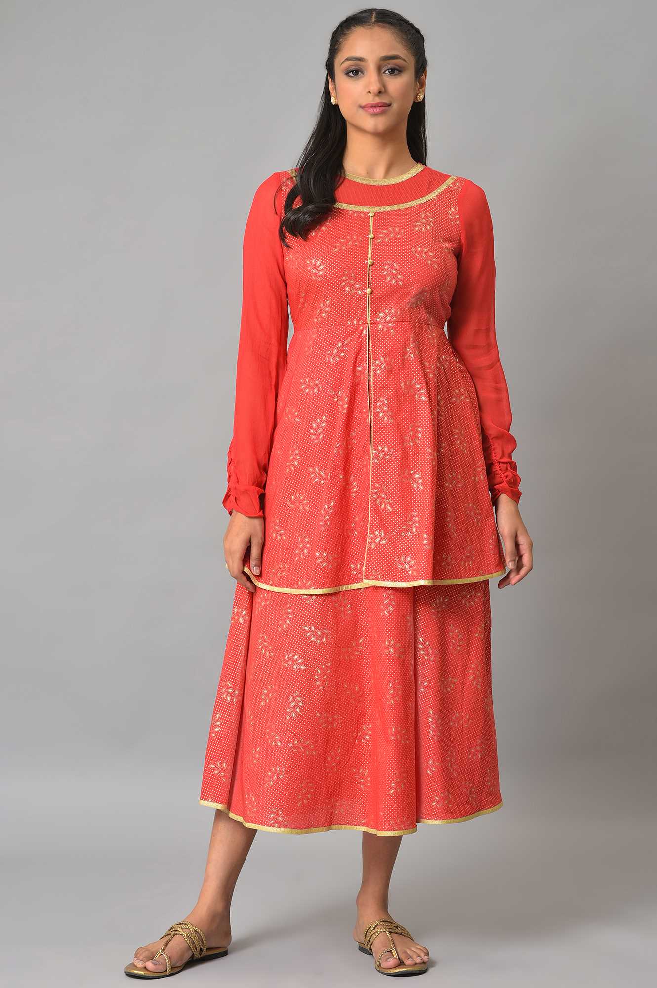 Red Flared Printed Modern Ethnic Dress