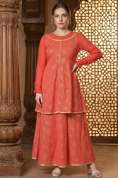 Red Flared Printed Modern Ethnic Dress