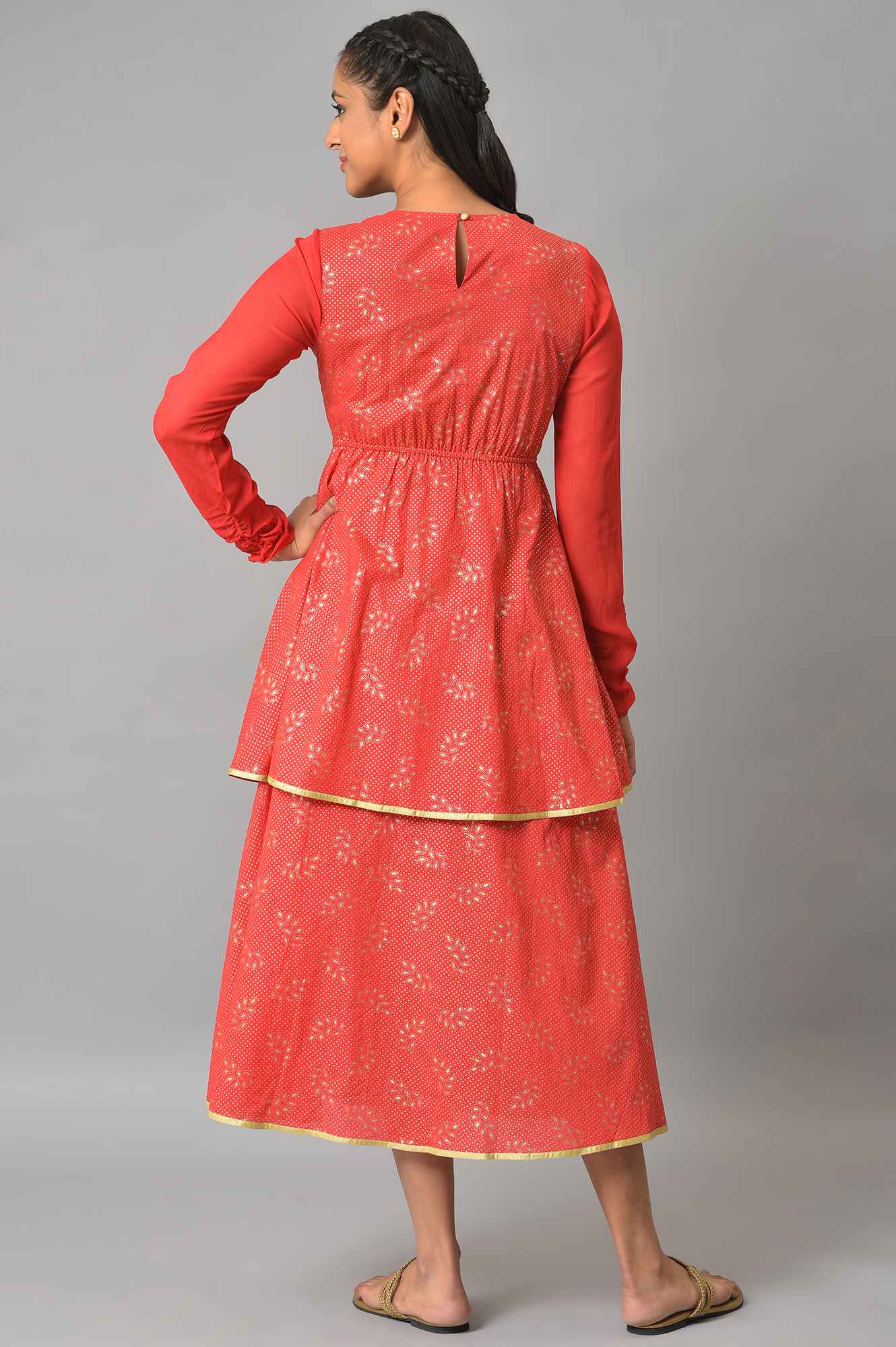 Red Flared Printed Modern Ethnic Dress