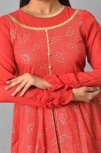 Red Flared Printed Modern Ethnic Dress