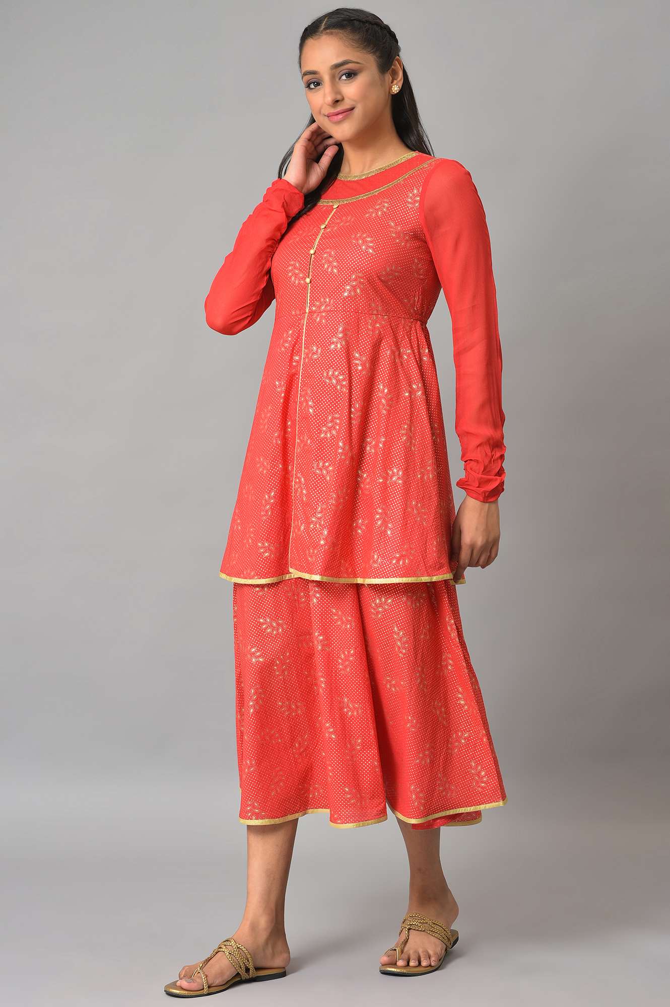 Red Flared Printed Modern Ethnic Dress