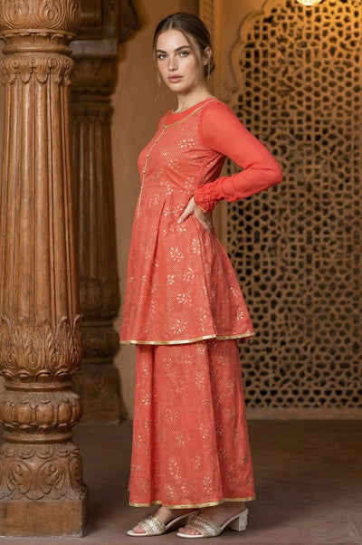 Red Flared Printed Modern Ethnic Dress