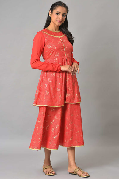 Red Flared Printed Modern Ethnic Dress