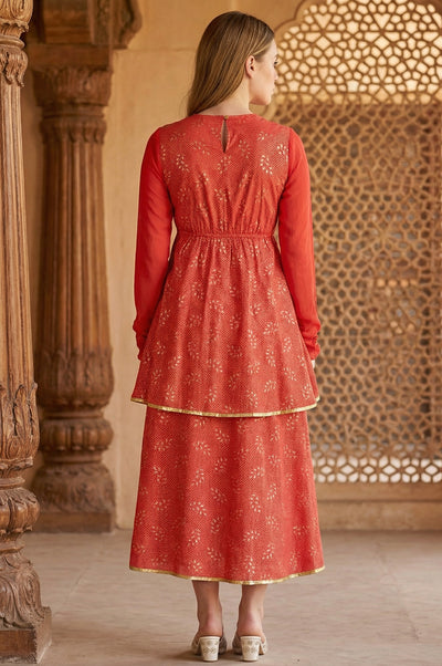 Red Flared Printed Modern Ethnic Dress