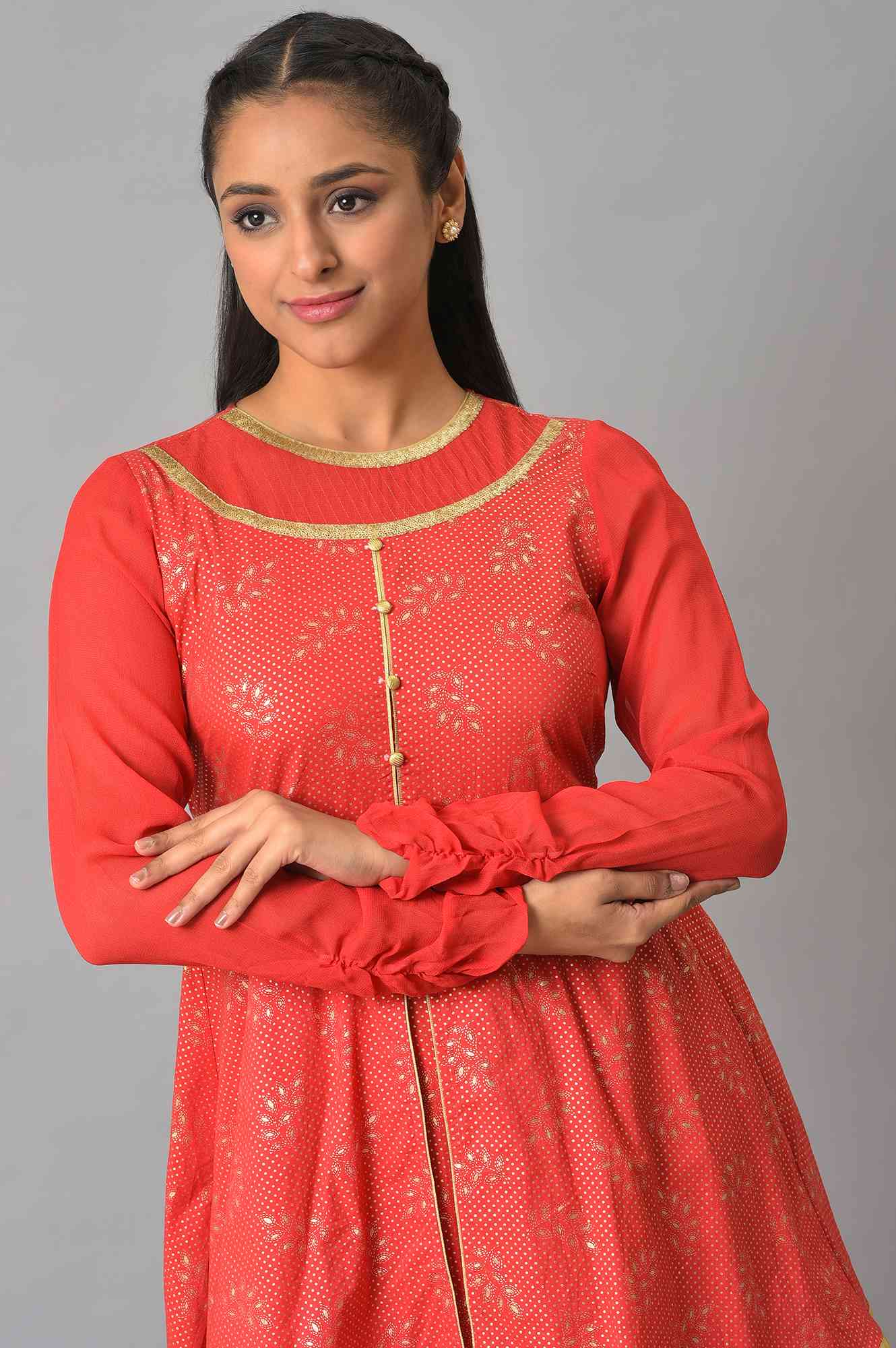 Red Flared Printed Modern Ethnic Dress