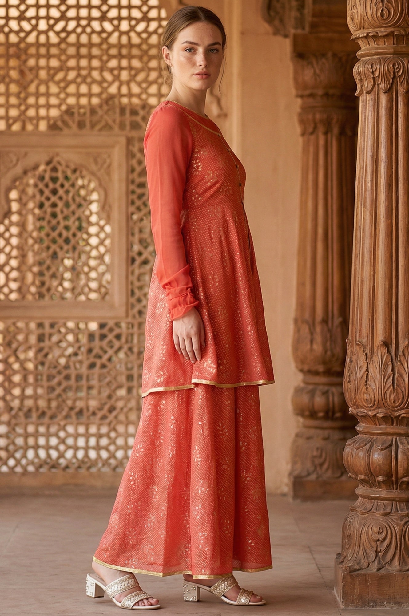 Buy Red Flared Printed Modern Ethnic Dress Online for Woman
