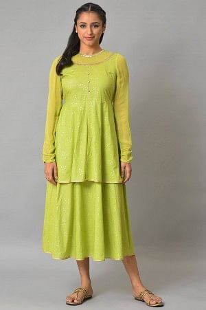 Green Flared Printed Modern Ethnic Dress