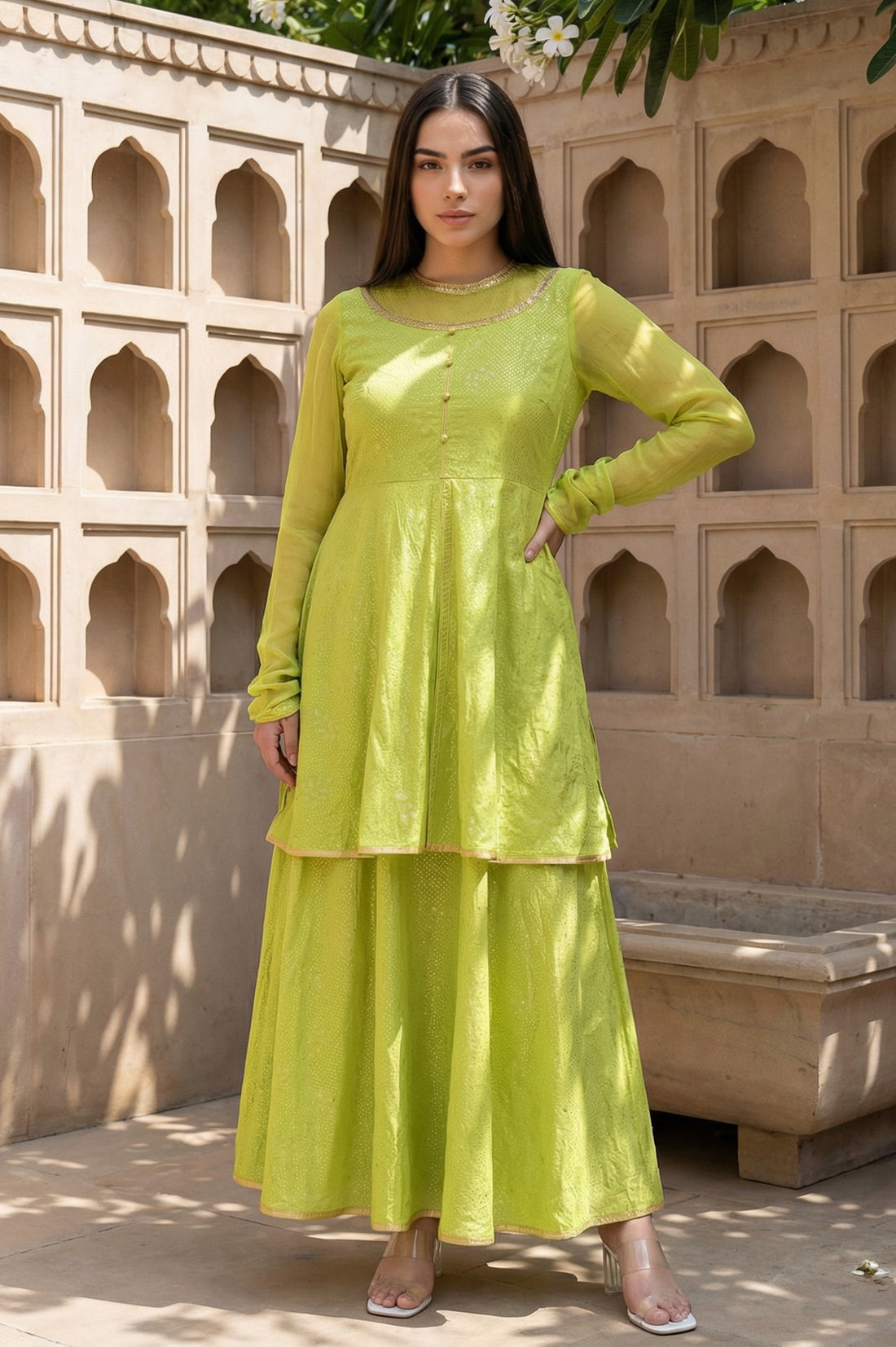Green Flared Printed Modern Ethnic Dress