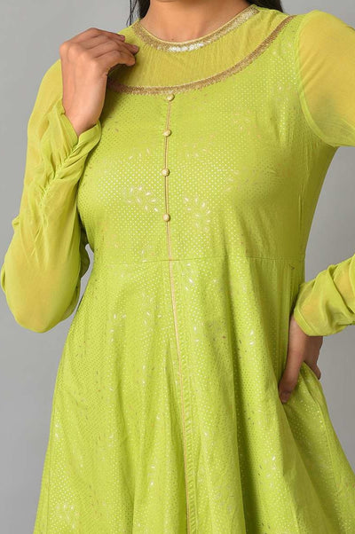 Green Flared Printed Modern Ethnic Dress