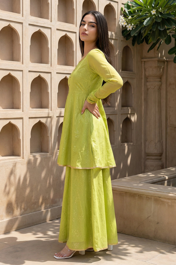 Green Flared Printed Modern Ethnic Dress