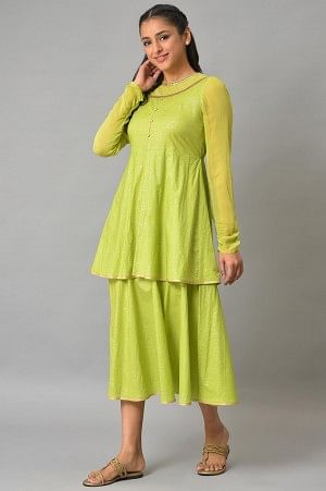 Green Flared Printed Modern Ethnic Dress