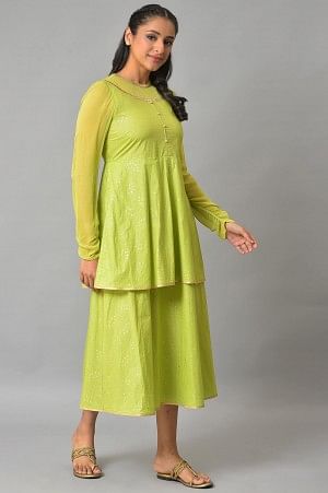 Green Flared Printed Modern Ethnic Dress