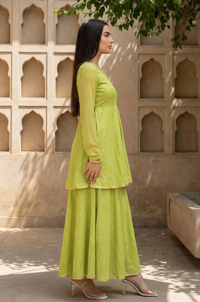 Green Flared Printed Modern Ethnic Dress