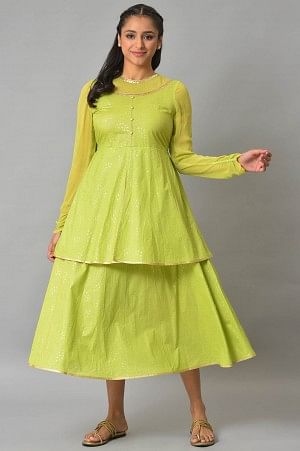 Green Flared Printed Modern Ethnic Dress