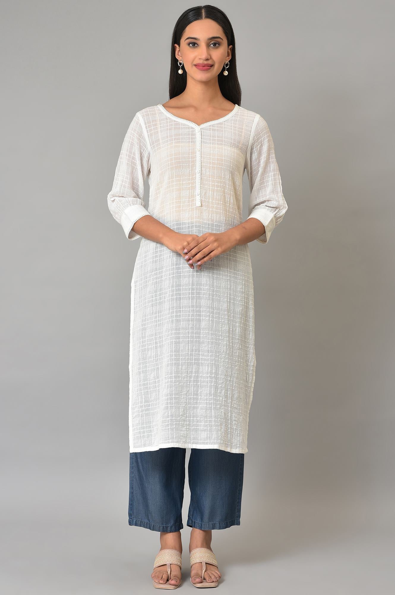 White Cotton Dobby V-Neck kurta