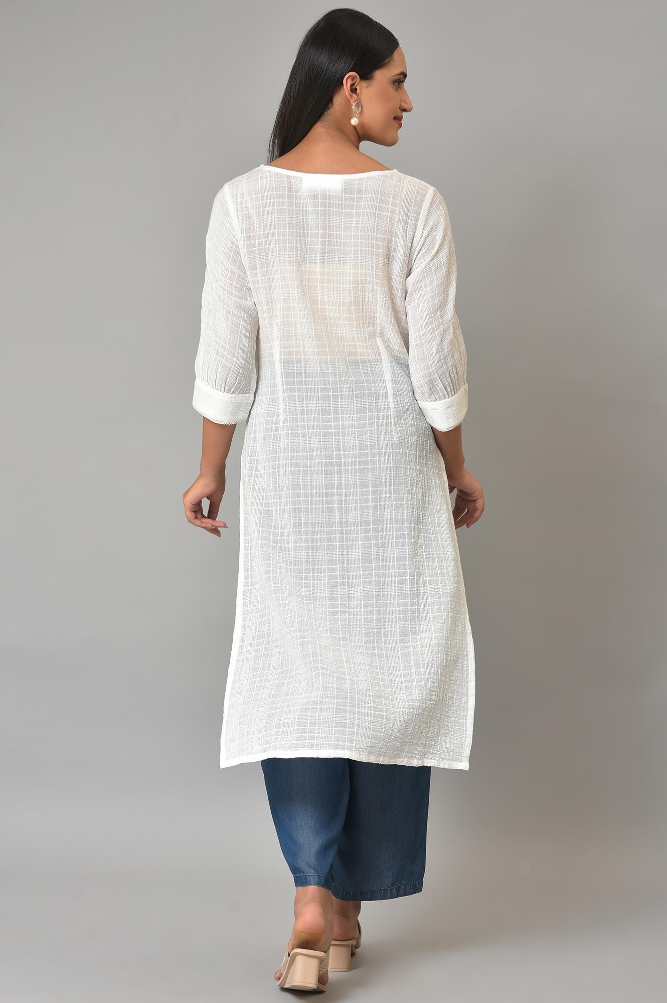 White Cotton Dobby V-Neck kurta