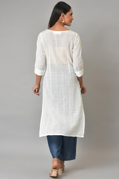 White Cotton Dobby V-Neck kurta