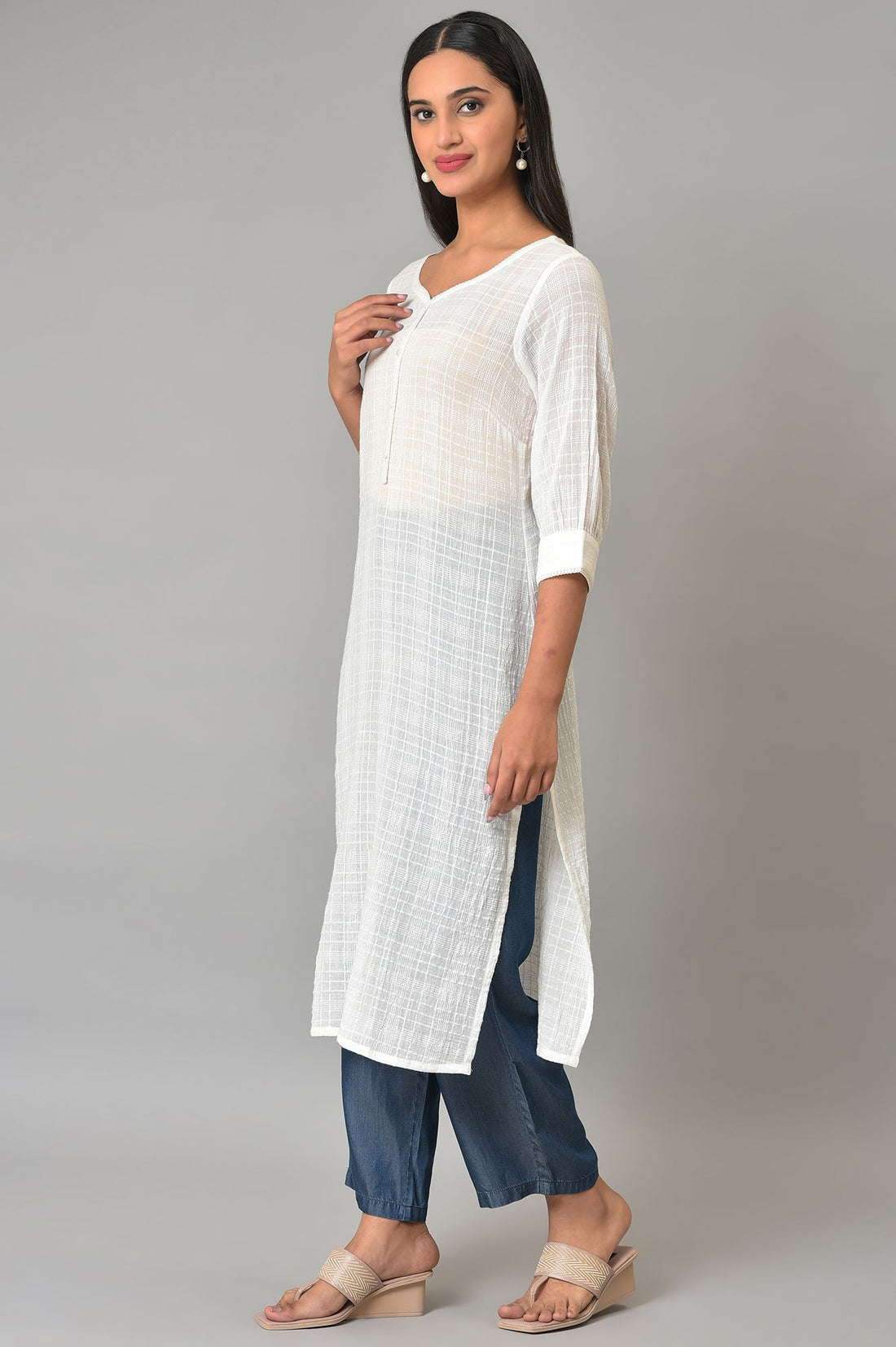 White Cotton Dobby Plus Size V-Neck kurta