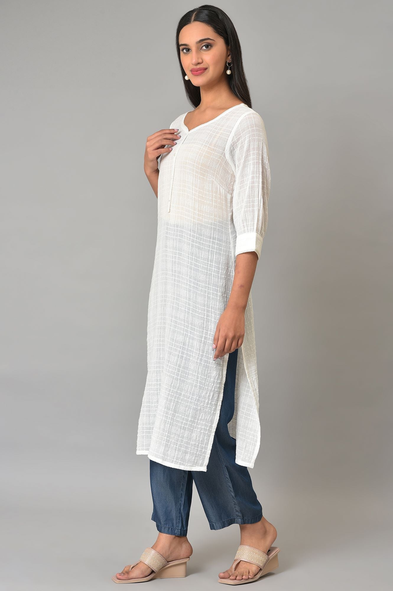 White Cotton Dobby V-Neck kurta