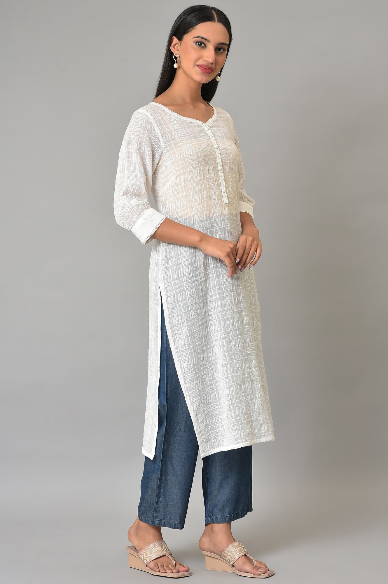 White Cotton Dobby V-Neck kurta