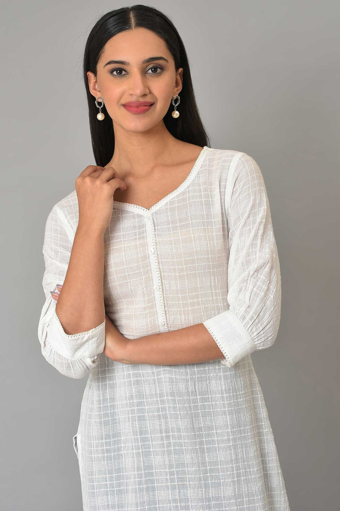White Cotton Dobby Plus Size V-Neck kurta