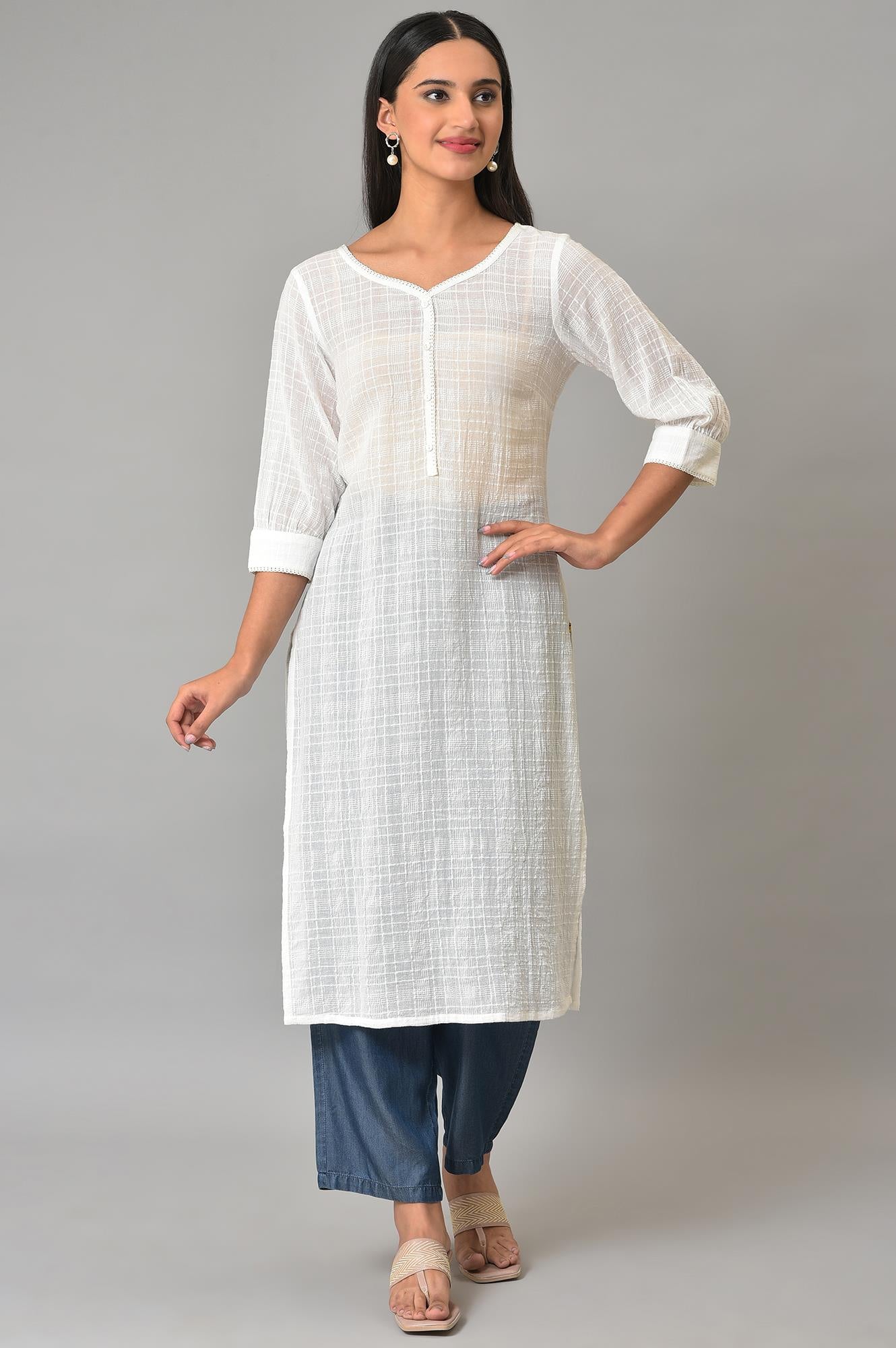 White Cotton Dobby V-Neck kurta