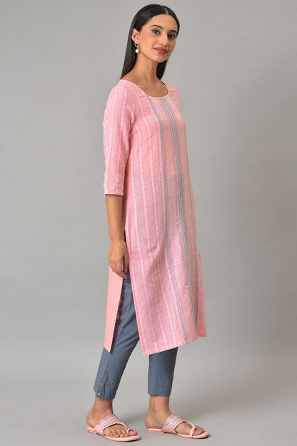 Pink Cotton Dobby Printed Kurta