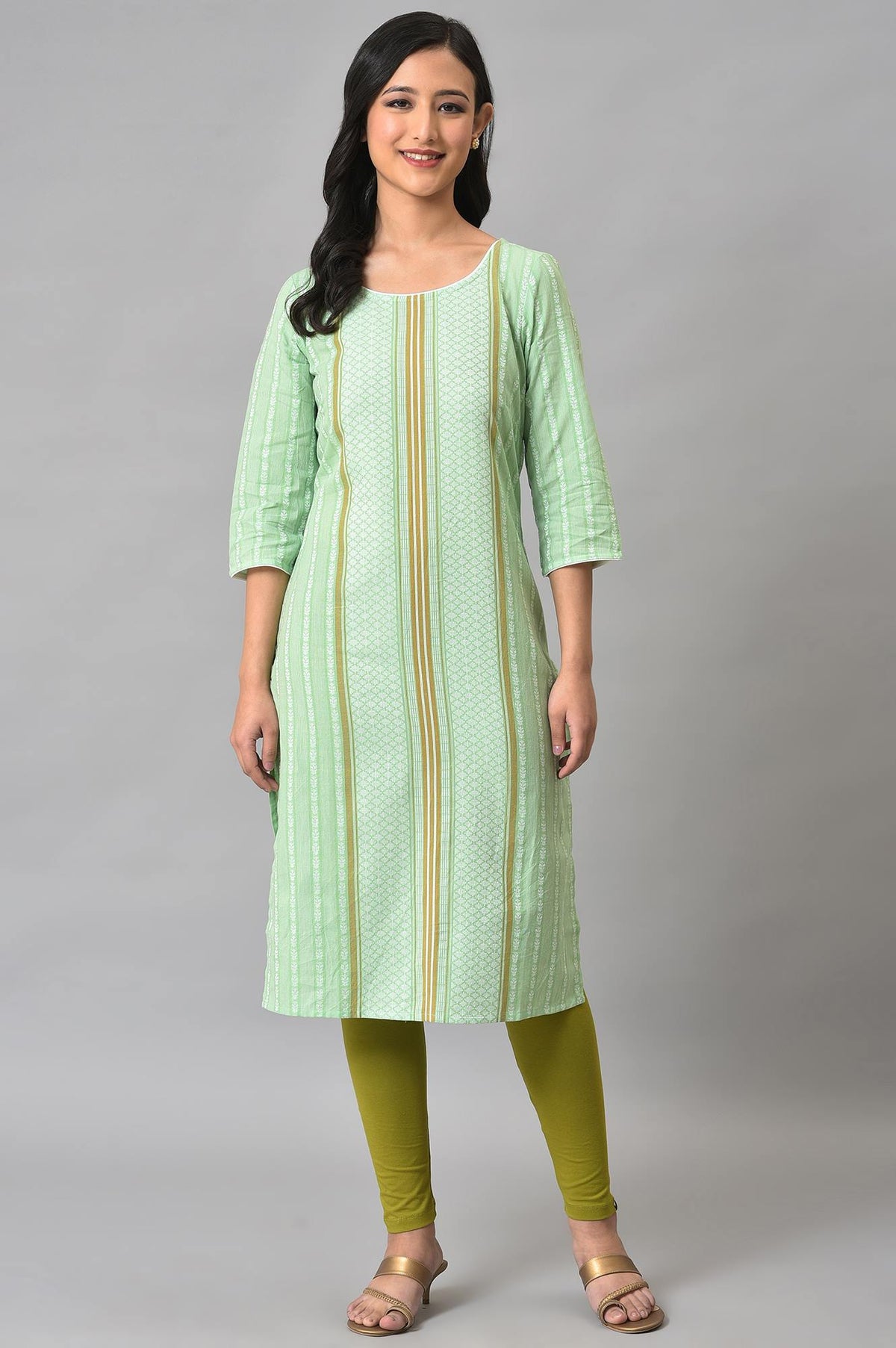 Green Geometric Straight Cotton Kurta - XS