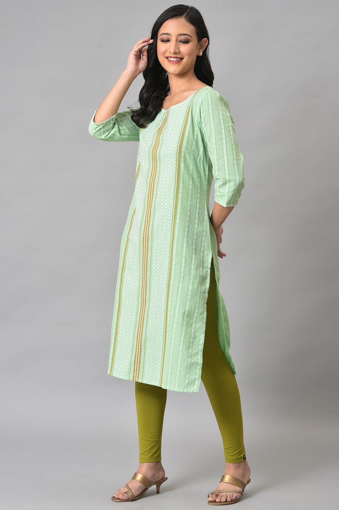 Green Geometric Straight Cotton Kurta