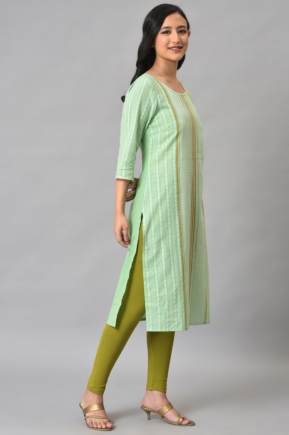 Green Geometric Straight Cotton Kurta