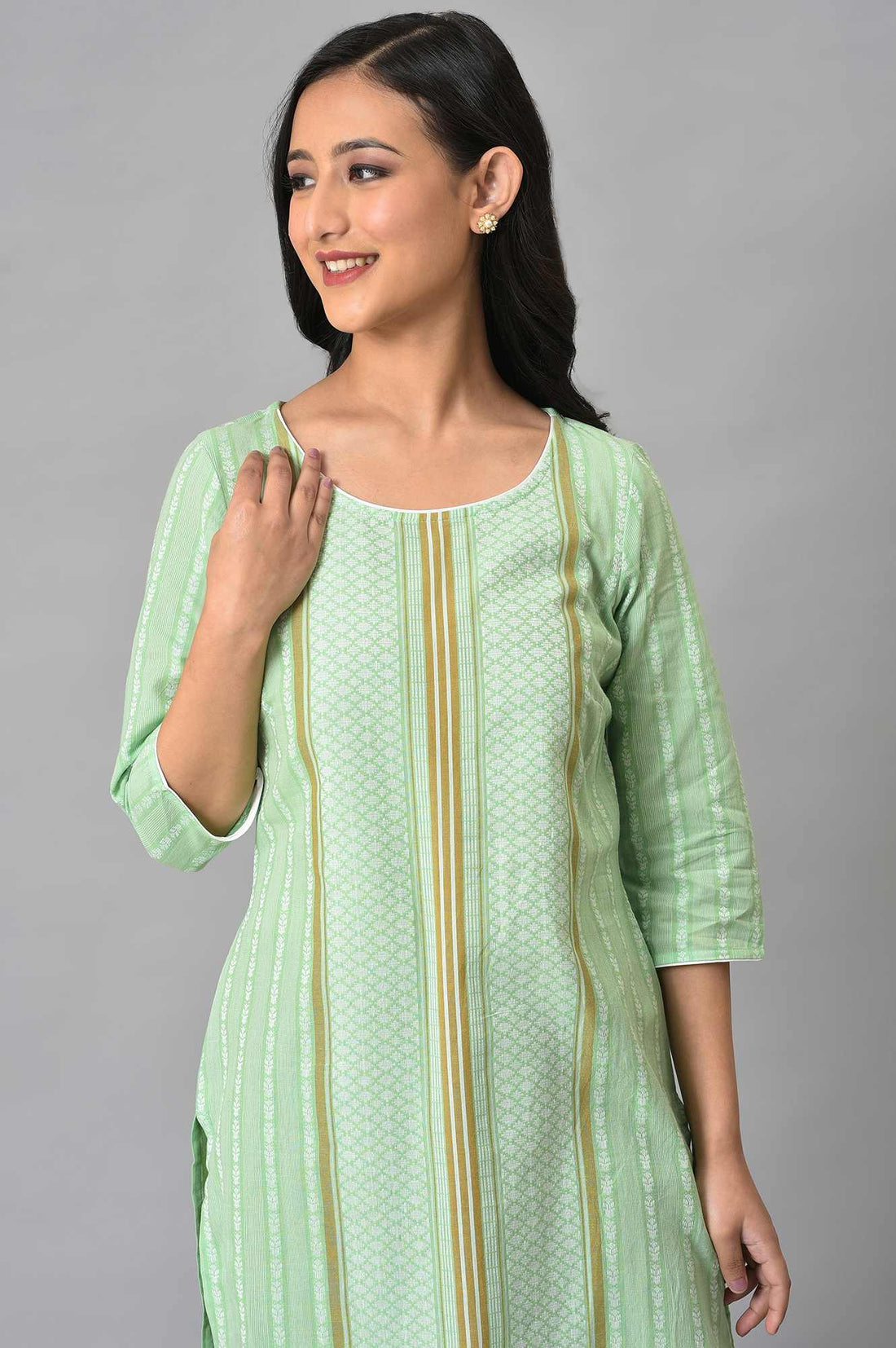 Green Geometric Straight Cotton Kurta
