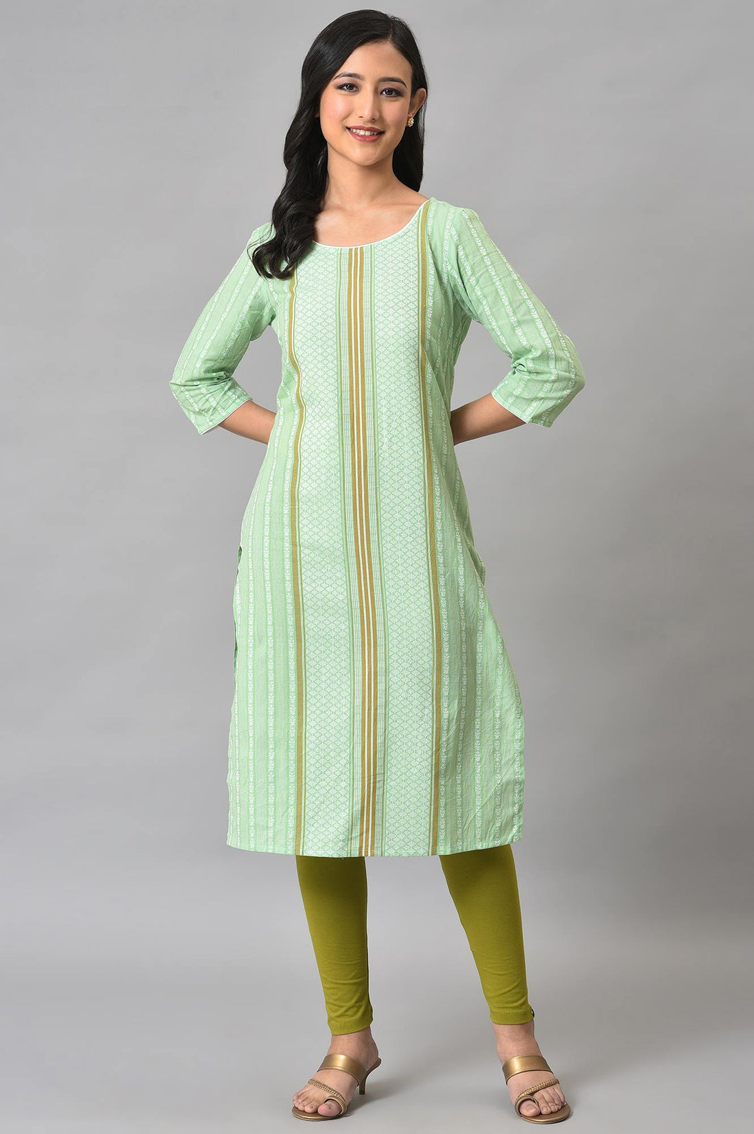 Green Geometric Straight Cotton Kurta