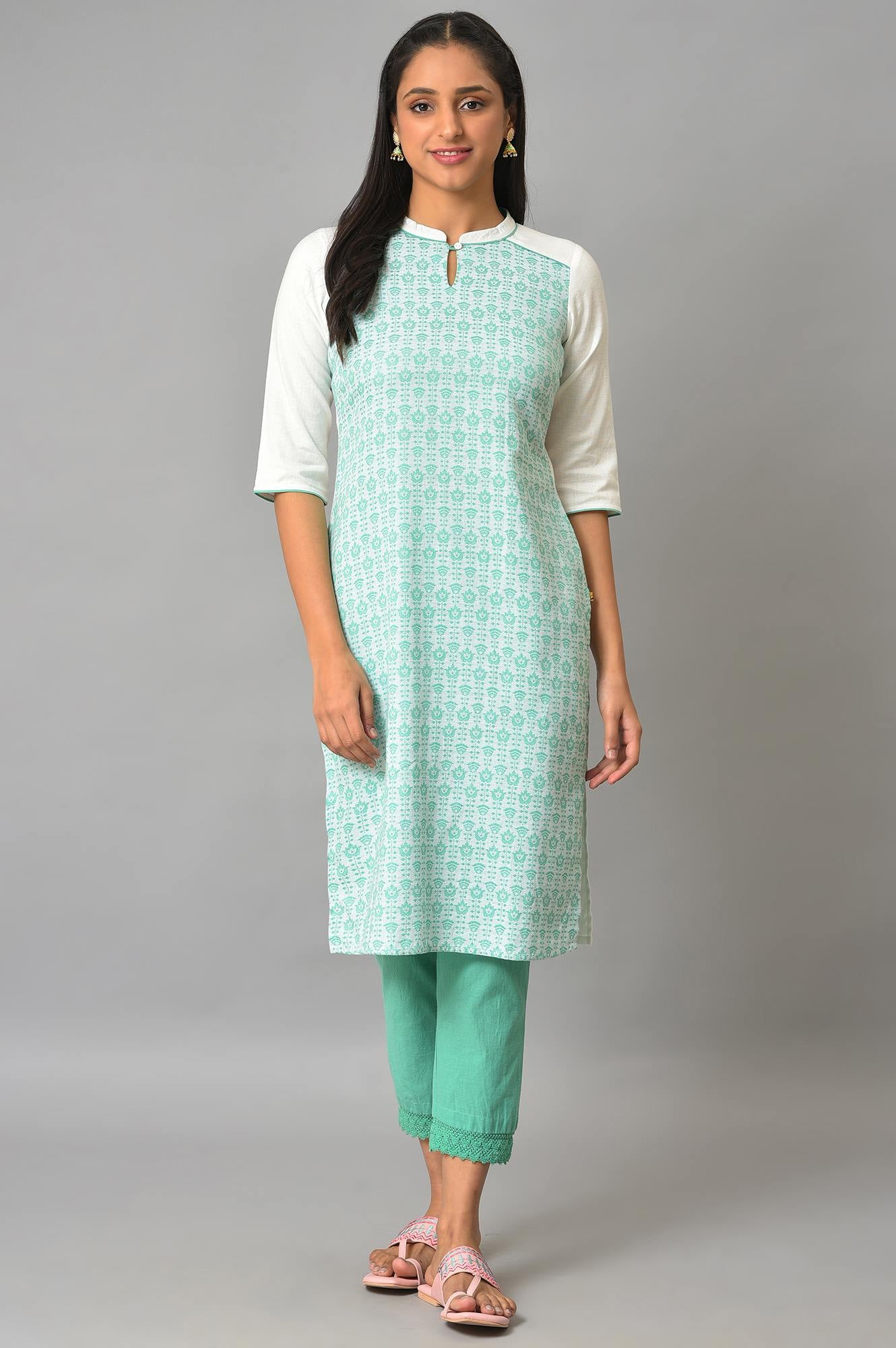 Green Cotton Dobby Printed kurta