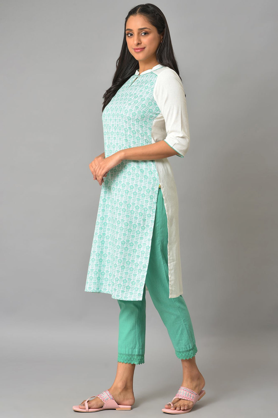 Green Cotton Dobby Printed Kurta