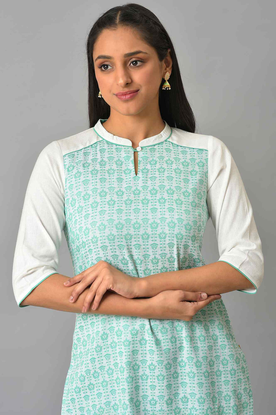 Green Cotton Dobby Printed Kurta