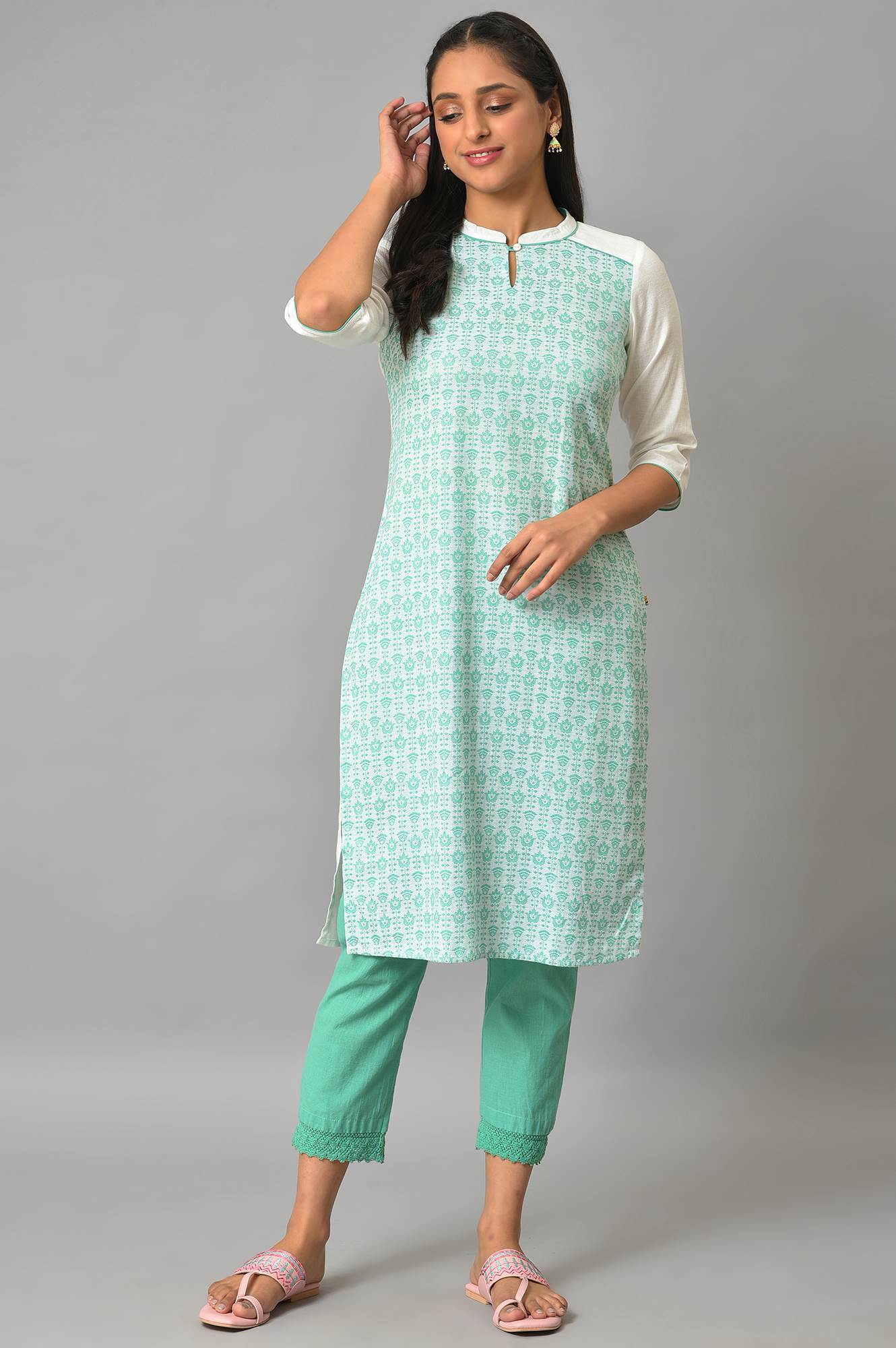 Green Cotton Dobby Printed kurta