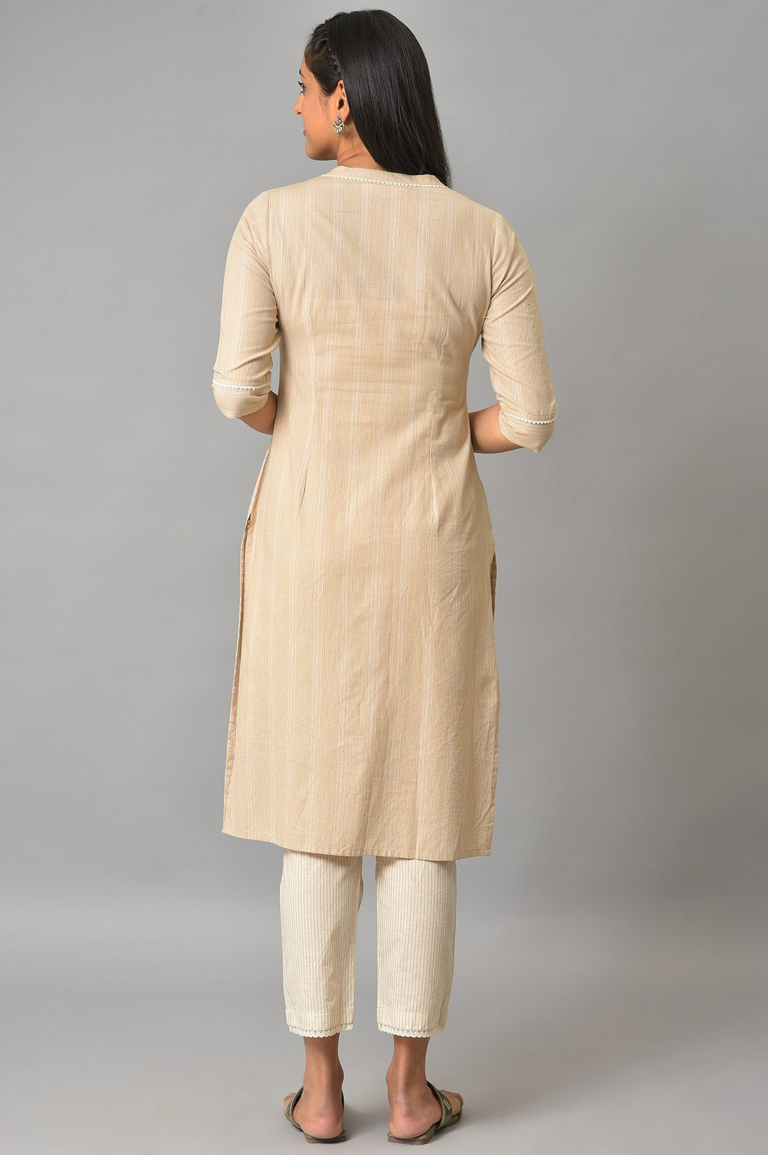Beige Cotton Dobby Printed Kurta