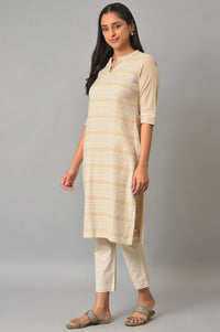 Beige Cotton Dobby Printed Kurta